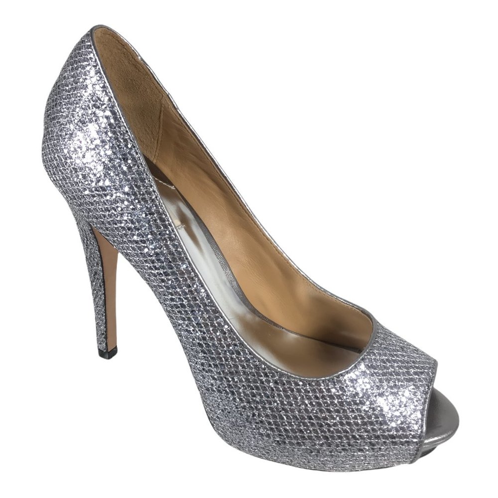 Badgley Mischka Silver Glitter Peep Toe Pumps